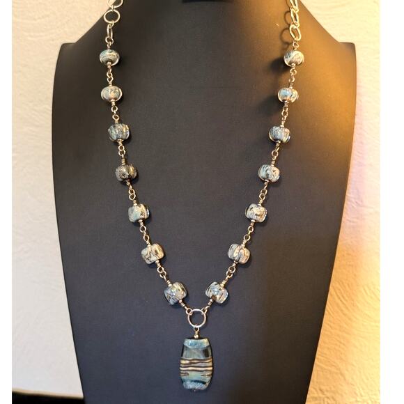 Signed 'Moon' Turquoise Brown Cream Striped Lampwork Bead Sterling Necklace - Picture 1 of 9